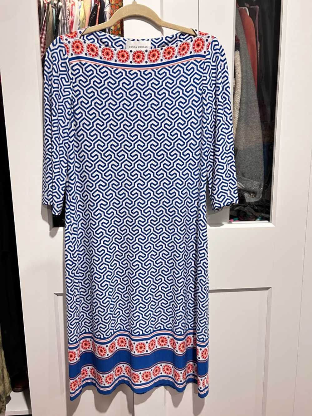 Donna Morgan Blue & White Geometric Long Sleeve Shift Dress with Coral Accents